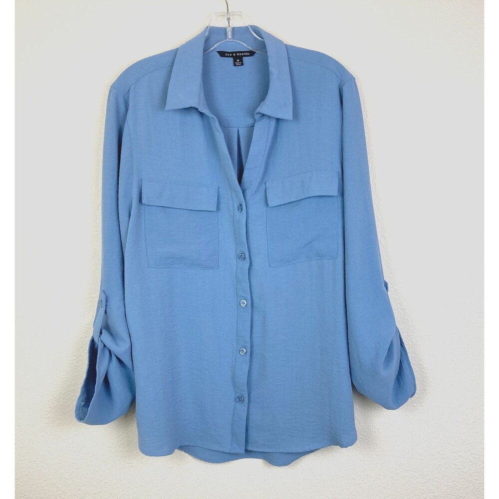 Zac & Rachel Women's V-Neck Button Up Blouse Size M Blue Roll Tab Sleeve Pockets